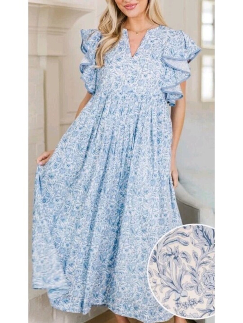 Shop The Mint Nursing Blue Floral Midi Dress Large L Flutter Sleeve Maternity...